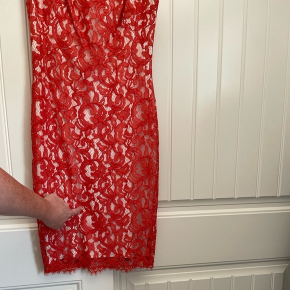 Tadashi Shoji orange red illusion lace midi dress size 2 - Picture 9 of 9